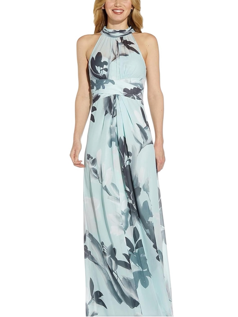 Adrianna Papell Womens Printed Chiffon Halter Gown Mint Multi 4US
